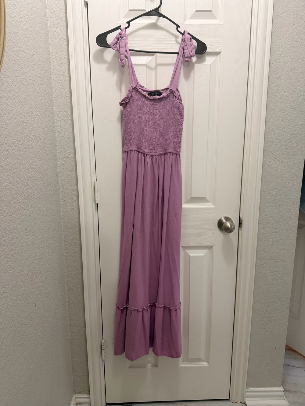 Smocked Midi Dress with Tie Straps in Lilac